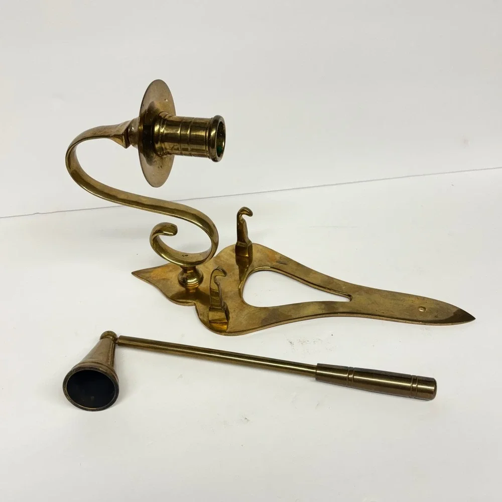 Vintage Brass Wall Mount Candle Holder with Snuffer Colonial Traditional